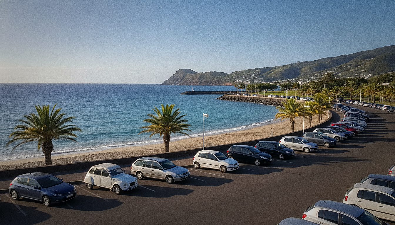 Bord de mer et voitures garées le long du front de mer de Saint-Gilles-les-Bains, côte ouest de La Réunion
