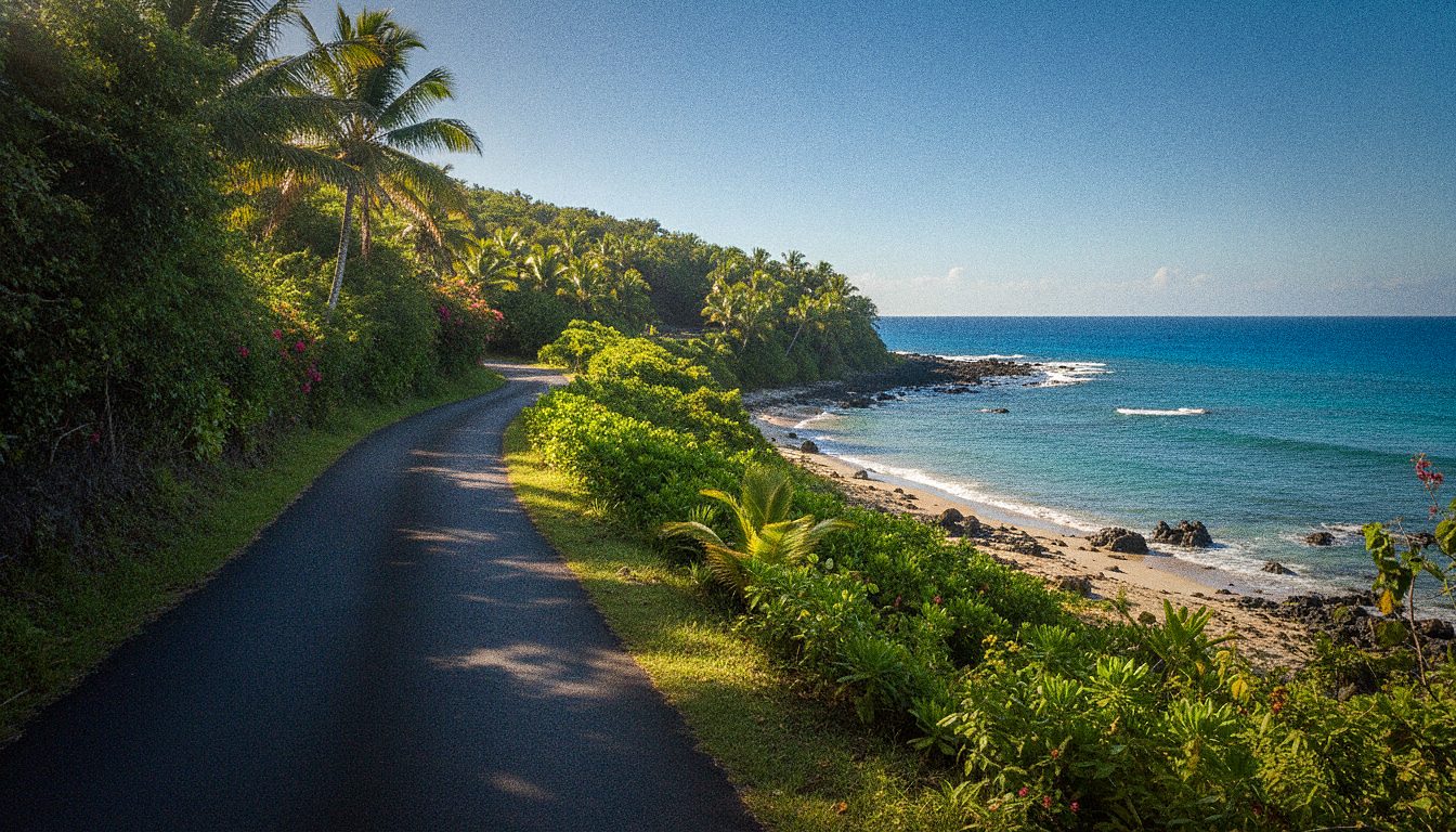 Route côtière bordée de végétation près de Saint-Gilles-les-Bains, sur la côte ouest de La Réunion